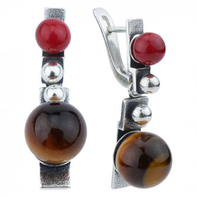 Серьги с10286 (9.92 г), серебро, красный, золотисто-коричневый, коралл (имит), тигровый глаз купить в интернет-магазине Циркон С