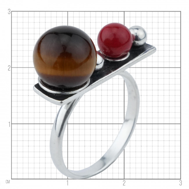 Кольцо к10286 (5.87 г), серебро, красный, золотисто-коричневый, коралл (имит), тигровый глаз купить в интернет-магазине Циркон С
