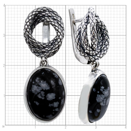 Серьги с10291 (17.79 г), серебро,  Черно-белый Обсидиан снежный купить в интернет-магазине Циркон С