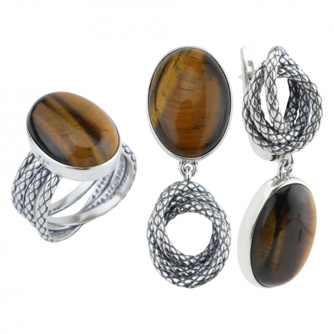 Серьги с10291 (18.91 г), серебро, золотисто-коричневый, тигровый глаз купить в интернет-магазине Циркон С