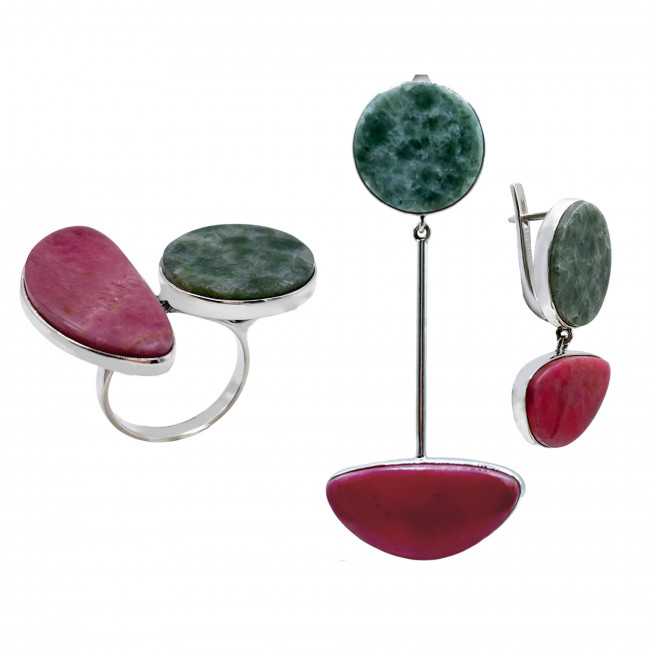 Серьги с10297 (17.96 г), серебро, серо-зелёный, розовый, жадеит, родонит купить в интернет-магазине Циркон С