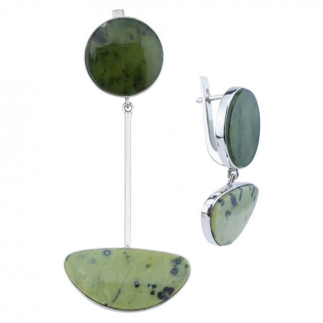 Серьги с10297 (15.82 г), серебро, зелено-желто-черный, зеленый, лизардит, нефрит купить в интернет-магазине Циркон С