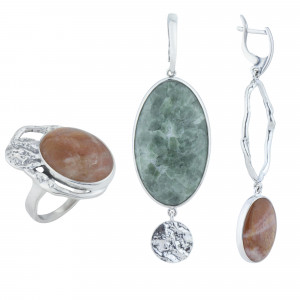 Серьги с10307 (18.63 г), серебро,  Зеленый, Бежевый Жадеит, Солнечный камень купить в интернет-магазине Циркон С