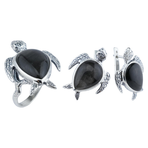Серьги с10322 (10.99 г), серебро,  Серый, Белый Обсидиан шелк., Топаз купить в интернет-магазине Циркон С