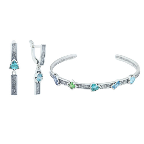 Браслет бр10357 (12.24 г), серебро,  Синий, Зеленый, Аквамарин, Голубой Кварц (Имит), Фианит купить в интернет-магазине Циркон С