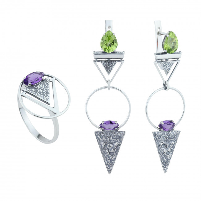 Серьги с10362 (7.19 г), серебро, фиолетовый, зелено-желтый, аметист, хризолит купить в интернет-магазине Циркон С