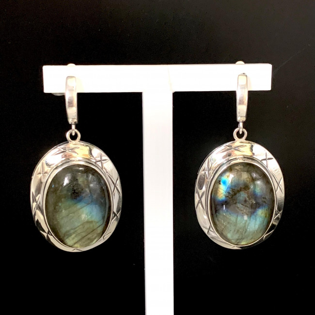 Серьги с1300 (28.18 г), серебро, зеленый, лабрадор купить в интернет-магазине Циркон С