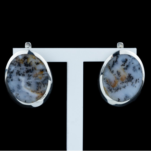 Серьги с1316 (13.99 г), серебро,  Бело-серый Агат Моховой Экстра купить в интернет-магазине Циркон С