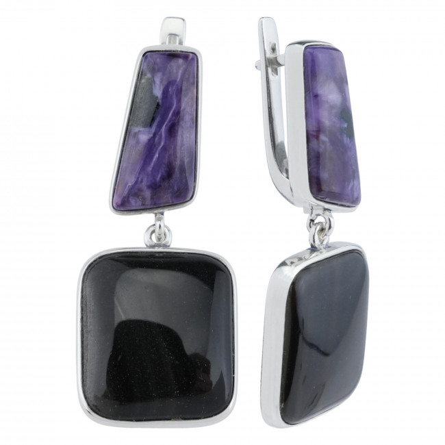 Серьги с1450 (12.63 г), серебро, серый, фиолетовый, обсидиан шелк., чароит купить в интернет-магазине Циркон С