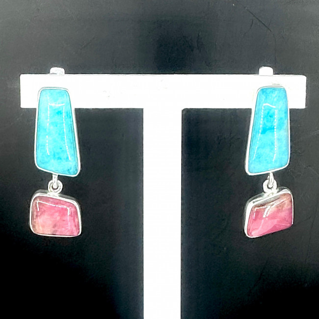 Серьги с1451 (9.19 г), серебро, голубой, розовый, амазонит перу, родонит купить в интернет-магазине Циркон С