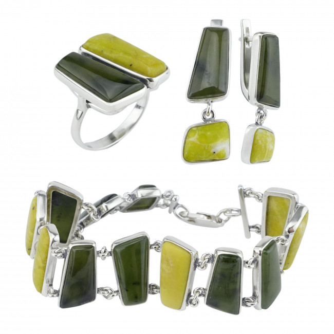 Серьги с1451 (8.79 г), серебро, зелено-желтый, зеленый, лизардит, нефрит купить в интернет-магазине Циркон С