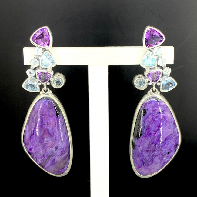 Серьги с1546 (24.67 г), серебро, фиолетовый, голубой, аметист, топаз скай, чароит купить в интернет-магазине Циркон С
