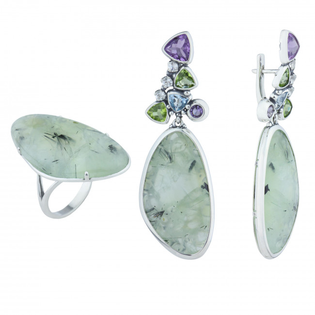 Серьги с1546 (26.58 г), серебро, фиолетовый, зеленый, белый, голубой, зелено-желтый, аметист, пренит, топаз, топаз скай, хризолит купить в интернет-магазине Циркон С