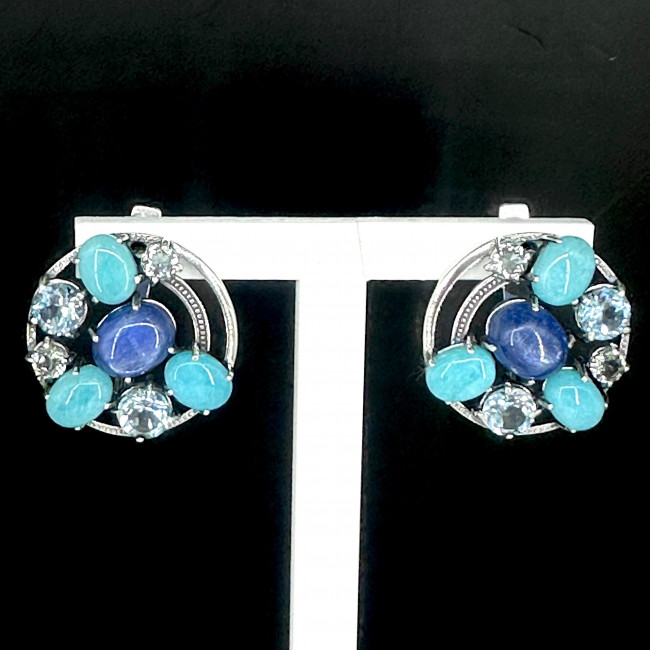 Серьги с1556 (13.21 г), серебро, голубой, синий, белый, амазонит перу, кианит, топаз, топаз свисс купить в интернет-магазине Циркон С
