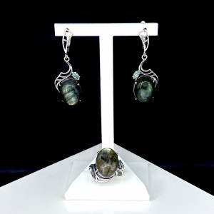 Серьги с1570 (9.90 г), серебро,  Зеленый Лабрадор, Фианит купить в интернет-магазине Циркон С