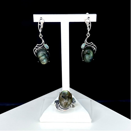 Серьги с1570 (9.90 г), серебро,  Зеленый Лабрадор, Фианит купить в интернет-магазине Циркон С