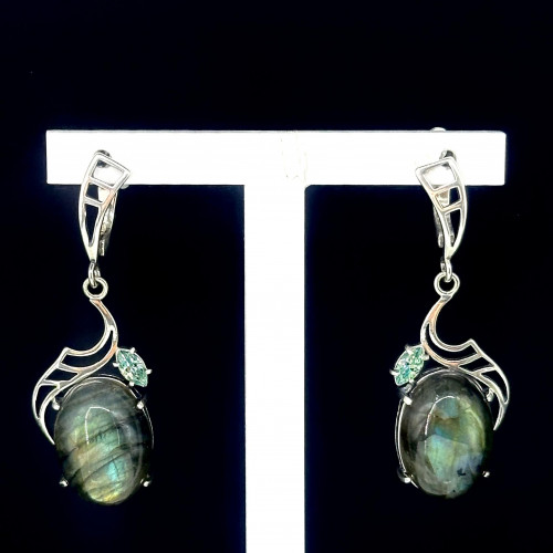 Серьги с1570 (9.90 г), серебро,  Зеленый Лабрадор, Фианит купить в интернет-магазине Циркон С