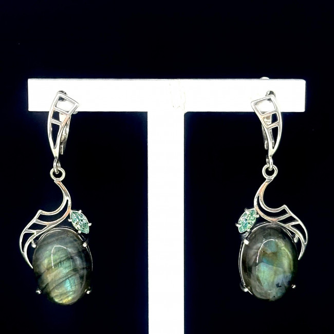 Серьги с1570 (9.90 г), серебро, зеленый, лабрадор, фианит купить в интернет-магазине Циркон С