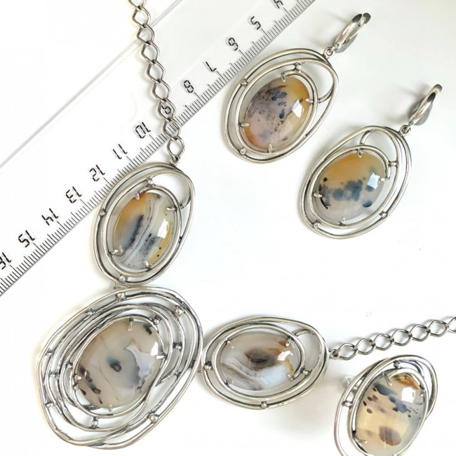Серьги с1581 (23.66 г), серебро, бело-коричневый, агат моховой купить в интернет-магазине Циркон С