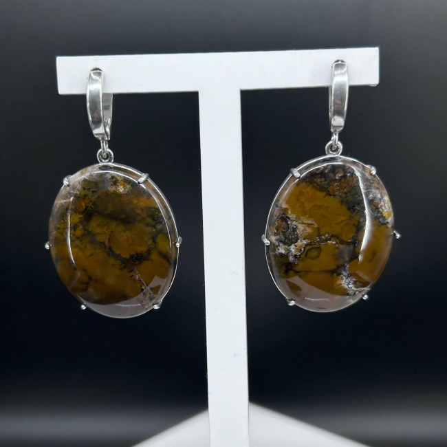 Серьги с1597 (17.23 г), серебро, коричневый, агат моховой купить в интернет-магазине Циркон С