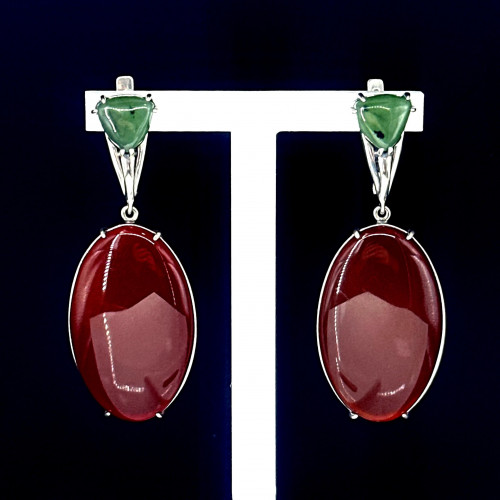 Серьги с1641 (22.00 г), серебро,  Темно-зеленый, Коричневый Нефрит, Сердолик купить в интернет-магазине Циркон С