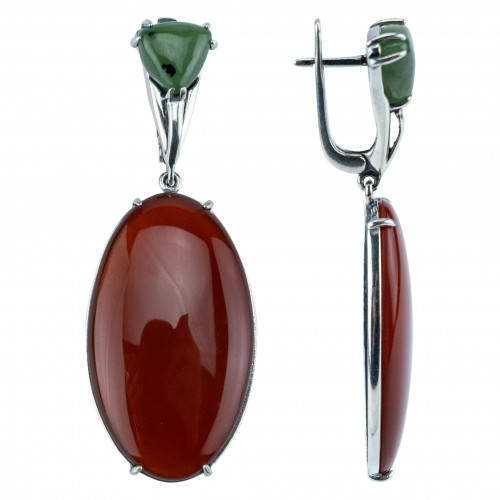 Серьги с1641 (22.00 г), серебро,  Темно-зеленый, Коричневый Нефрит, Сердолик купить в интернет-магазине Циркон С