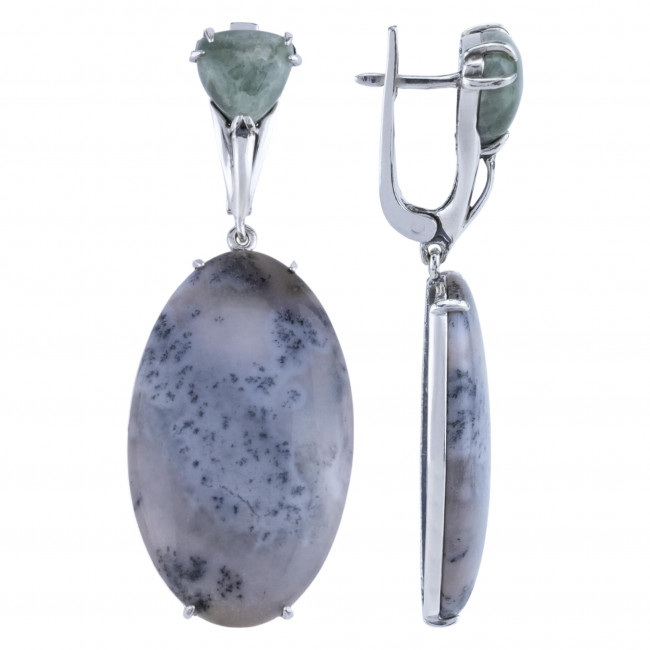 Серьги с1641 (24.72 г), серебро, серый, зелено-серый, агат моховой, жадеит купить в интернет-магазине Циркон С