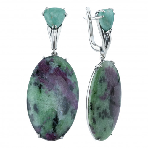 Серьги с1641 (25.99 г), серебро,  Зеленый, Зелено-бордовый Амазонит, Рубин в цоизите купить в интернет-магазине Циркон С