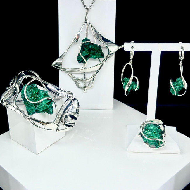 Серьги с1676 (20.80 г), серебро, зеленый, малахит друза купить в интернет-магазине Циркон С