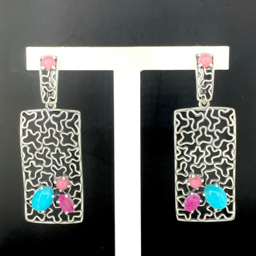 Серьги с1701 (13.36 г), серебро,  Голубой, Розовый Амазонит Перу, Тулит, Турмалин купить в интернет-магазине Циркон С