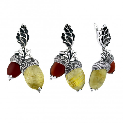 Серьги с1714 (20.08 г), серебро,  Золотистый, Коричневый Волосатик-кварц, Сердолик купить в интернет-магазине Циркон С