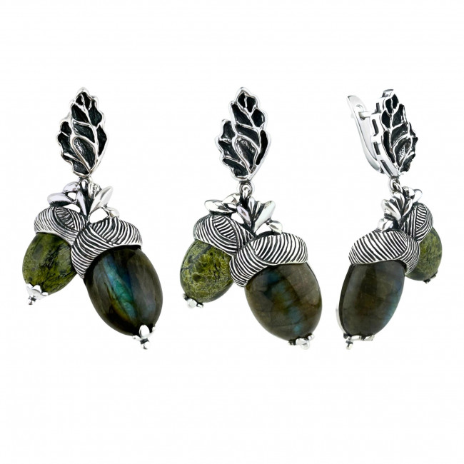 Серьги с1714 (20.40 г), серебро, салатово-черный, голубой, змеевик, лабрадор купить в интернет-магазине Циркон С