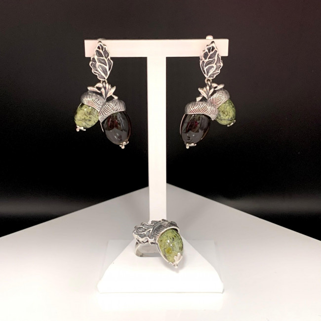 Серьги с1714 (20.49 г), серебро, салатово-черный, коричневый, змеевик, раухтопаз купить в интернет-магазине Циркон С