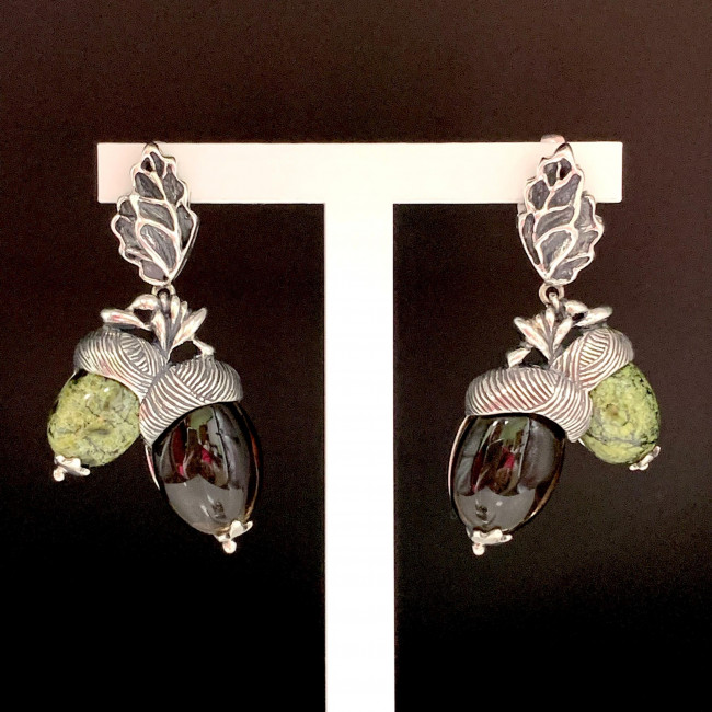 Серьги с1714 (20.49 г), серебро, салатово-черный, коричневый, змеевик, раухтопаз купить в интернет-магазине Циркон С