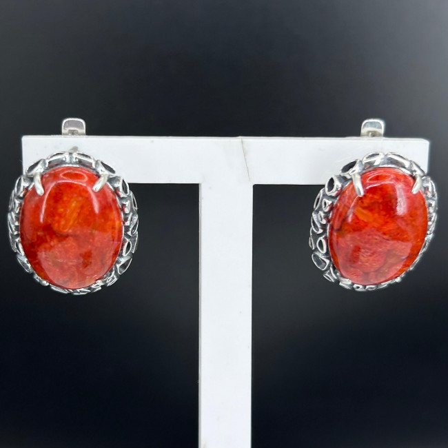 Серьги с1717 (12.25 г), серебро, красный, коралл губч. купить в интернет-магазине Циркон С