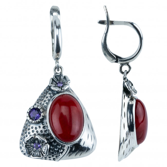 Серьги с1722 (11.76 г), серебро, фиолетовый, красный, аметист, коралл купить в интернет-магазине Циркон С