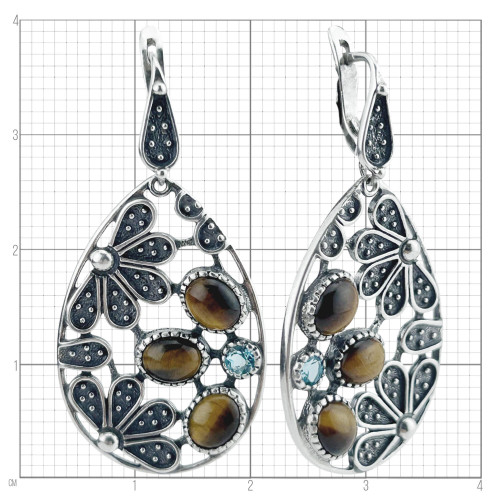 Серьги с1723 (16.16 г), серебро,  Золотисто-коричневый, Голубой Тигровый глаз, Топаз Скай купить в интернет-магазине Циркон С