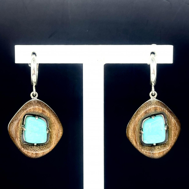 Серьги с1779 (9.73 г), серебро, голубой, коричневый, амазонит перу, дерево купить в интернет-магазине Циркон С