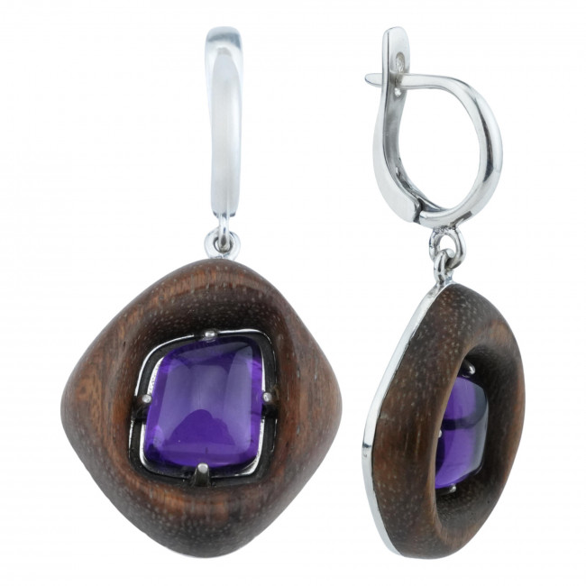 Серьги с1779 (9.93 г), серебро, фиолетовый, коричневый, аметист (имит), дерево купить в интернет-магазине Циркон С