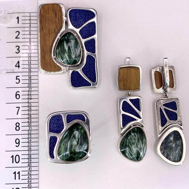 Серьги с1844 (21.75 г), серебро, коричневый, синий, зеленый, дерево, джинса, клинохлор купить в интернет-магазине Циркон С