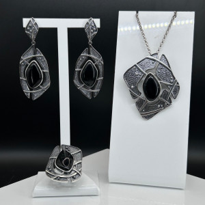 Серьги с1853 (22.25 г), серебро,  Черный Обсидиан (Имит) купить в интернет-магазине Циркон С