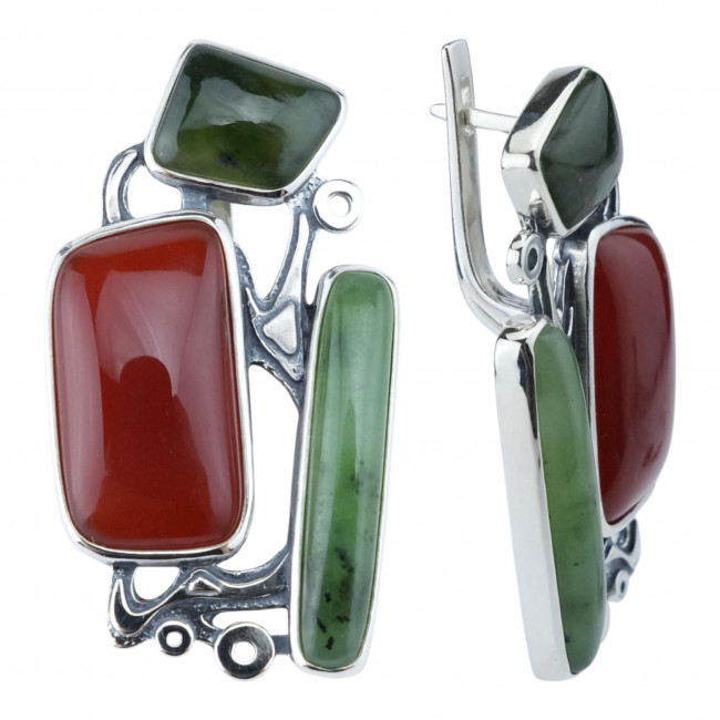 Серьги с1875 (18.87 г), серебро, зеленый, коричневый, нефрит, сердолик купить в интернет-магазине Циркон С