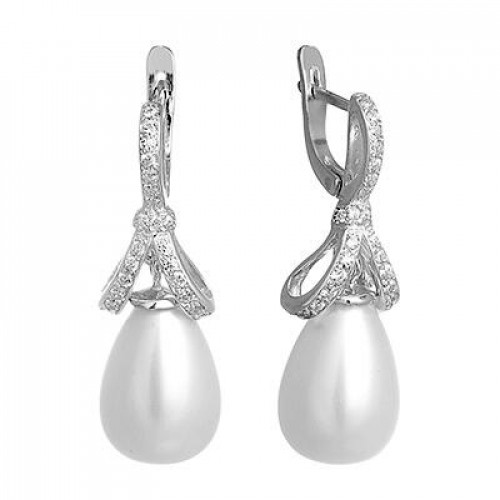 Серьги с2104 (7.95 г), серебро,  Белый, Бесцветный Жемчуг культ., Фианит купить в интернет-магазине Циркон С