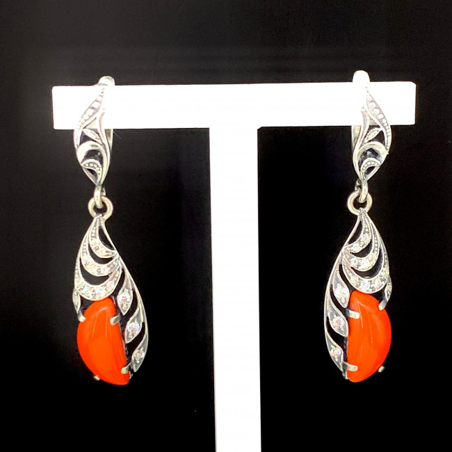 Серьги с2177 (9.20 г), серебро, бесцветный, коралл (имит), фианит купить в интернет-магазине Циркон С