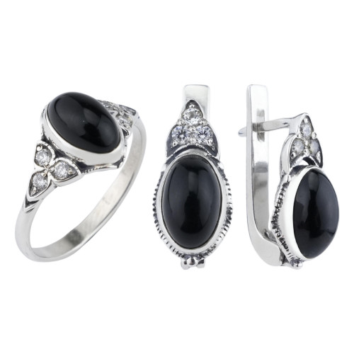 Серьги с221 (4.92 г), серебро,  Черный, Бесцветный Обсидиан (Имит), Фианит купить в интернет-магазине Циркон С
