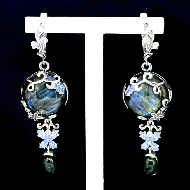 Серьги с2261 (27.88 г), серебро, зеленый, голубой, бесцветный, лабрадор, нефрит, фианит купить в интернет-магазине Циркон С