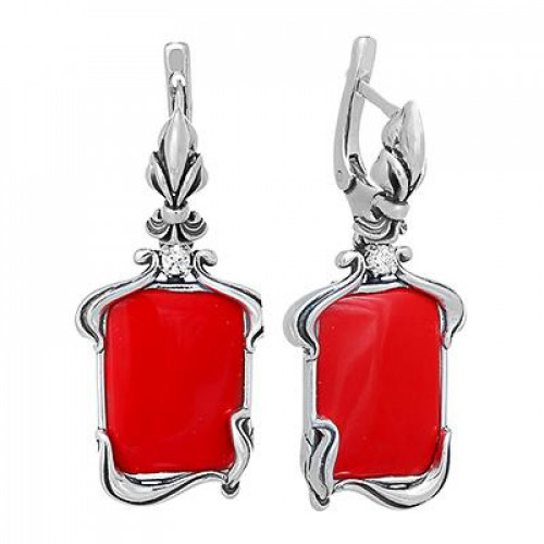 Серьги с2457 (11.80 г), серебро,  Красный, Бесцветный Коралл (Имит), Фианит купить в интернет-магазине Циркон С