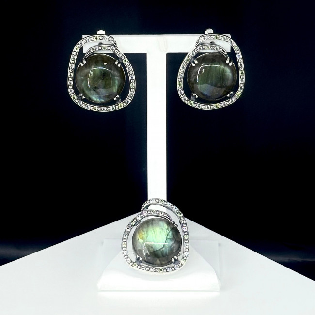 Серьги с2554 (21.96 г), серебро, зелено-желтый, лабрадор, топаз скай, хризолит купить в интернет-магазине Циркон С