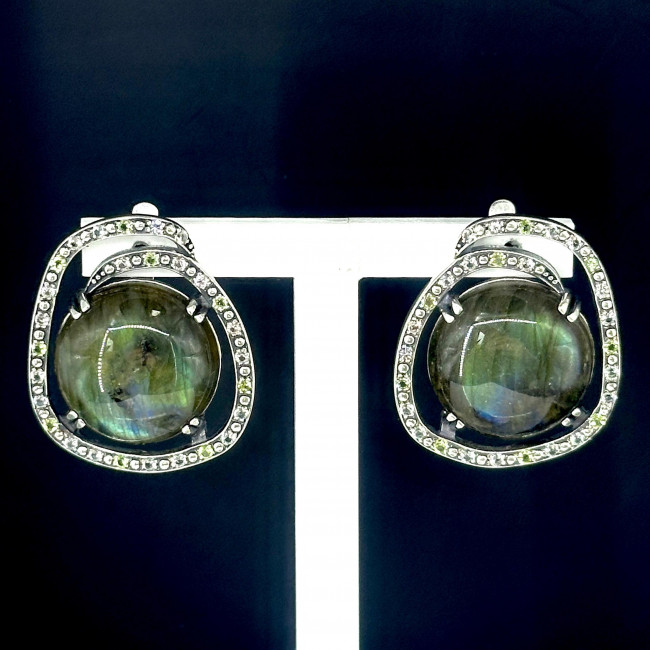 Серьги с2554 (21.96 г), серебро, зелено-желтый, лабрадор, топаз скай, хризолит купить в интернет-магазине Циркон С
