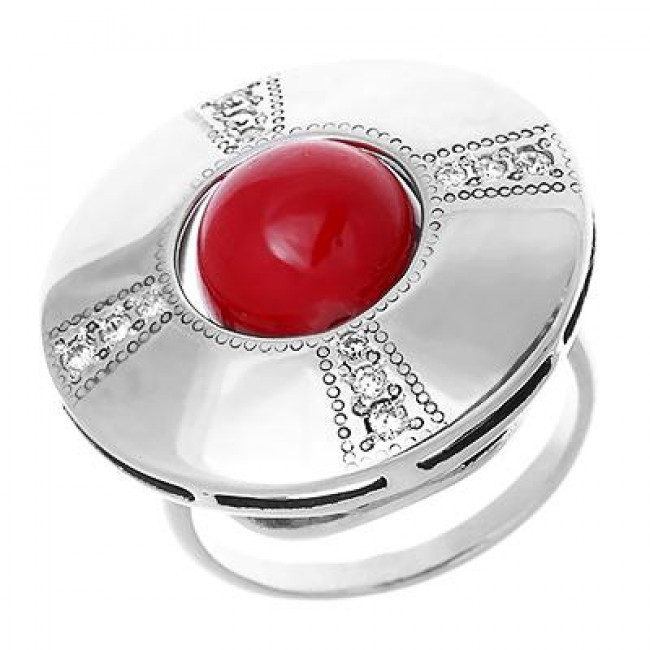 Кольцо к257 (11.00 г), серебро, красный, бесцветный, коралл (имит), фианит купить в интернет-магазине Циркон С